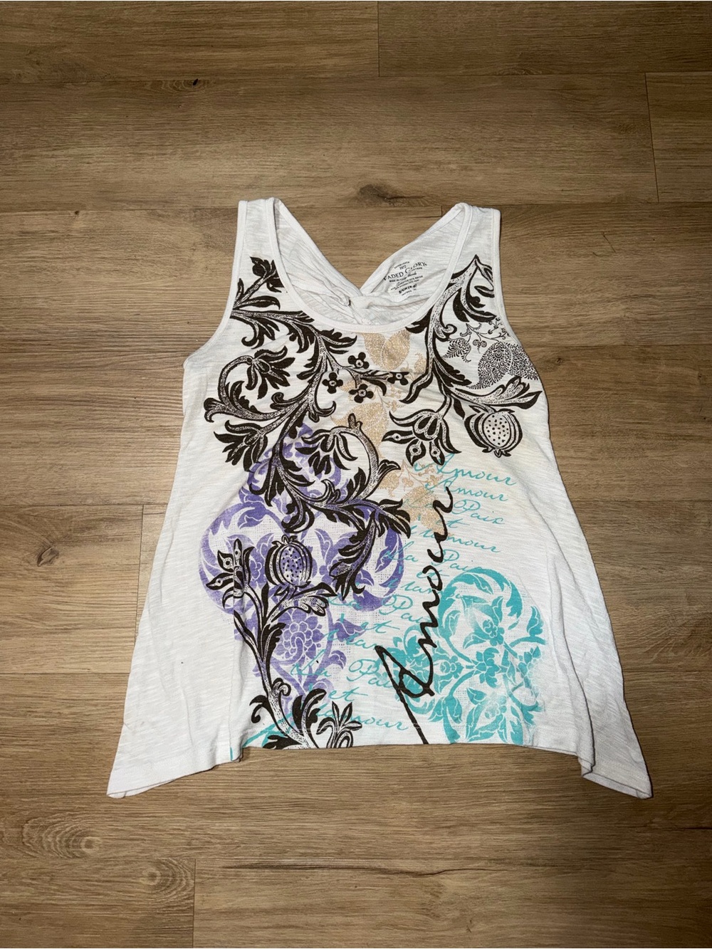 Faded Glory White Tank with Black Scrollwork and Teal & Lavender Medallions